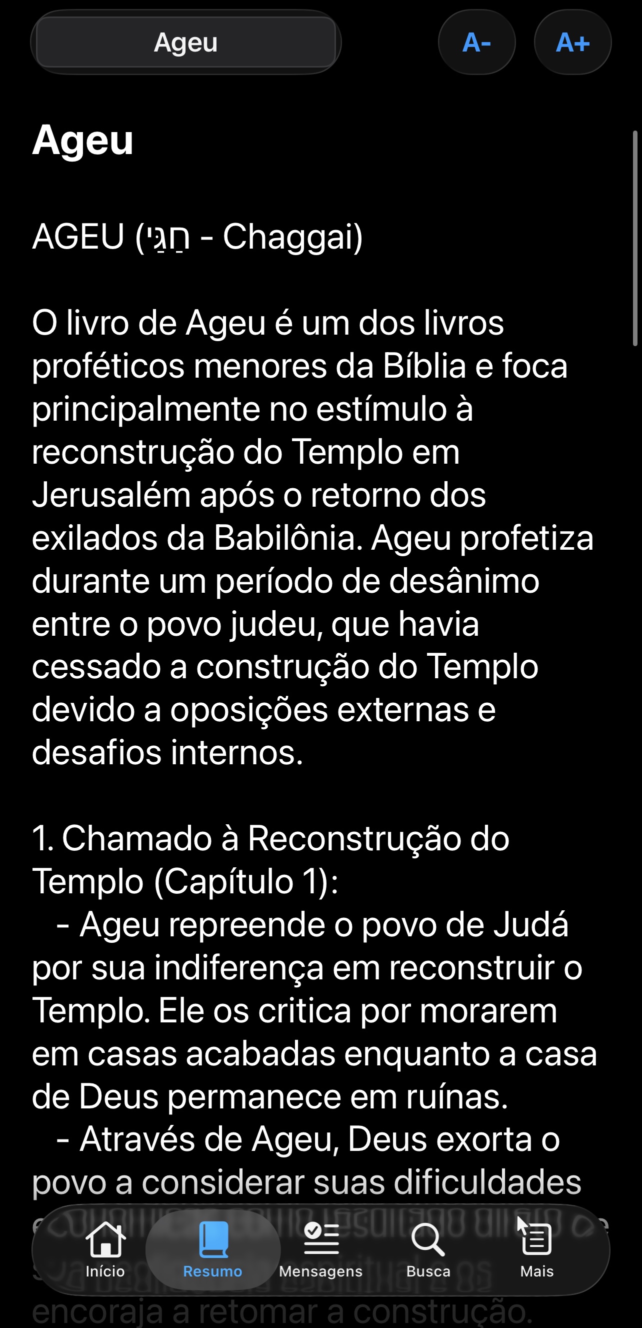 Tela do app Bíblia Resumo - Reflexão 5